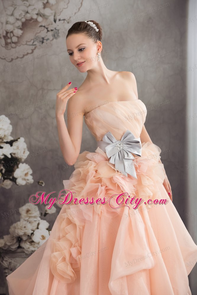 Baby Pink A-line Strapless Ruffled Court Train Wedding Dress with Sliver Sash