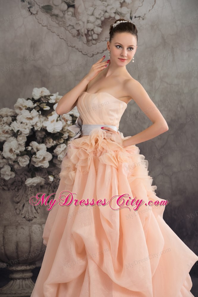 Baby Pink A-line Strapless Ruffled Court Train Wedding Dress with Sliver Sash