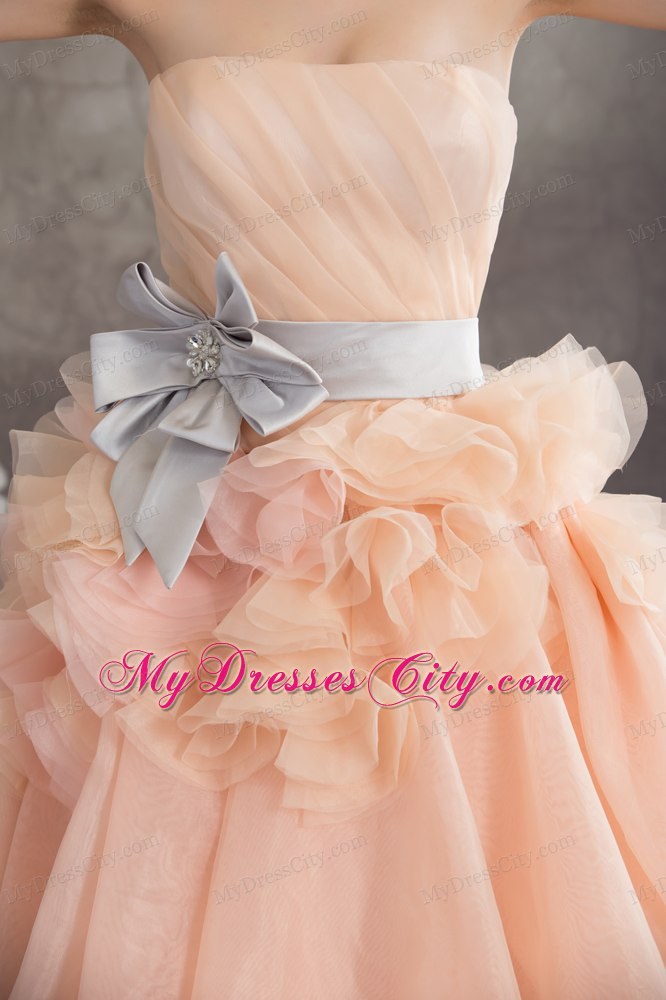 Baby Pink A-line Strapless Ruffled Court Train Wedding Dress with Sliver Sash