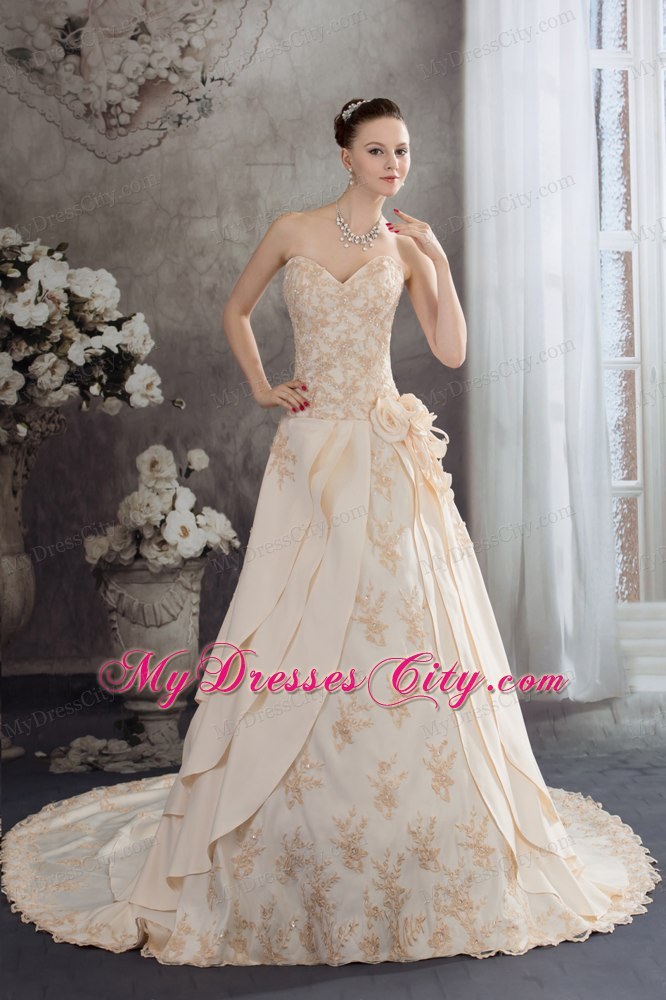 Champagne Sweetheart A-line Appliques Flowery Wedding Dress under 250