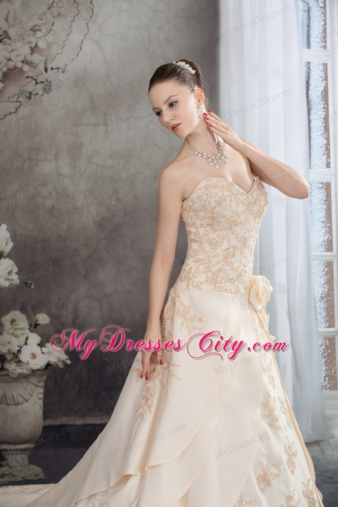 Champagne Sweetheart A-line Appliques Flowery Wedding Dress under 250