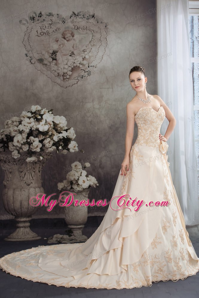 Champagne Sweetheart A-line Appliques Flowery Wedding Dress under 250