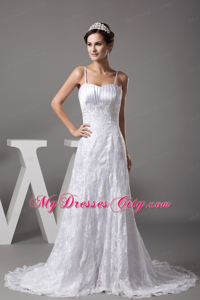 Good Quality Spaghetti Straps Lace A-line Wedding Dress with Court Train