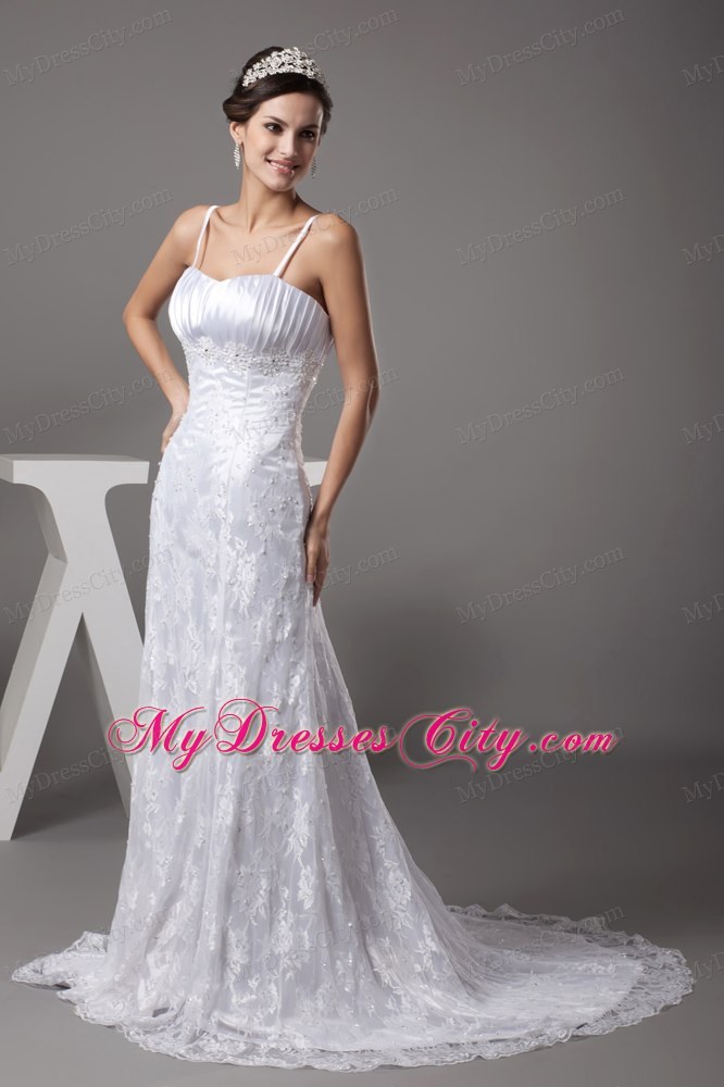 Good Quality Spaghetti Straps Lace A-line Wedding Dress with Court Train