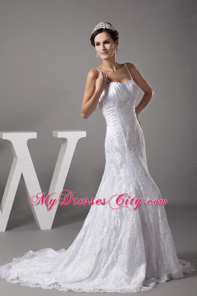 Good Quality Spaghetti Straps Lace A-line Wedding Dress with Court Train