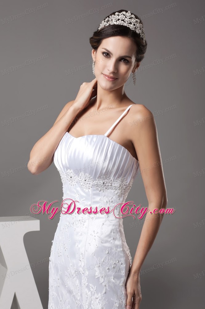 Good Quality Spaghetti Straps Lace A-line Wedding Dress with Court Train