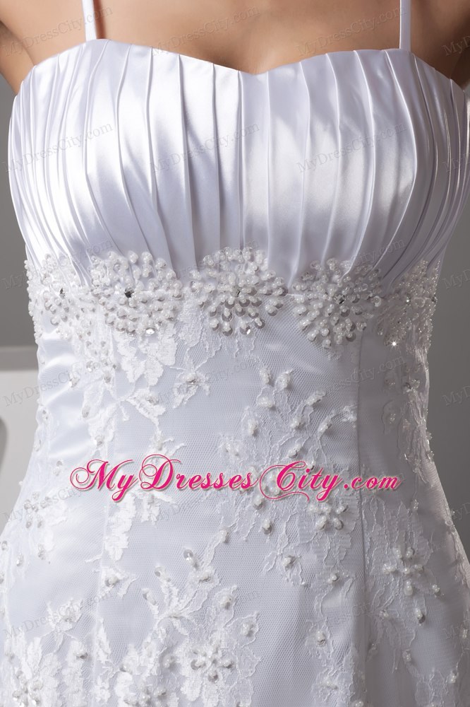 Good Quality Spaghetti Straps Lace A-line Wedding Dress with Court Train