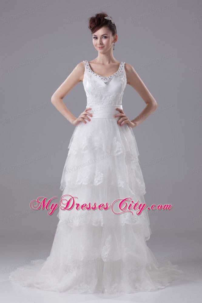 Slinky Lace Brush Train Column Scoop Wedding Dress with Ruffled Layers