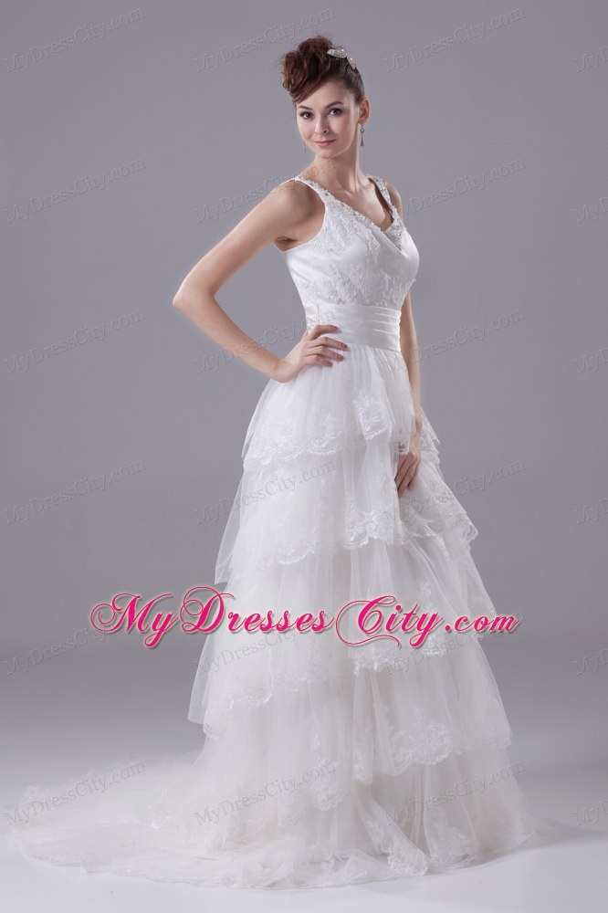 Slinky Lace Brush Train Column Scoop Wedding Dress with Ruffled Layers