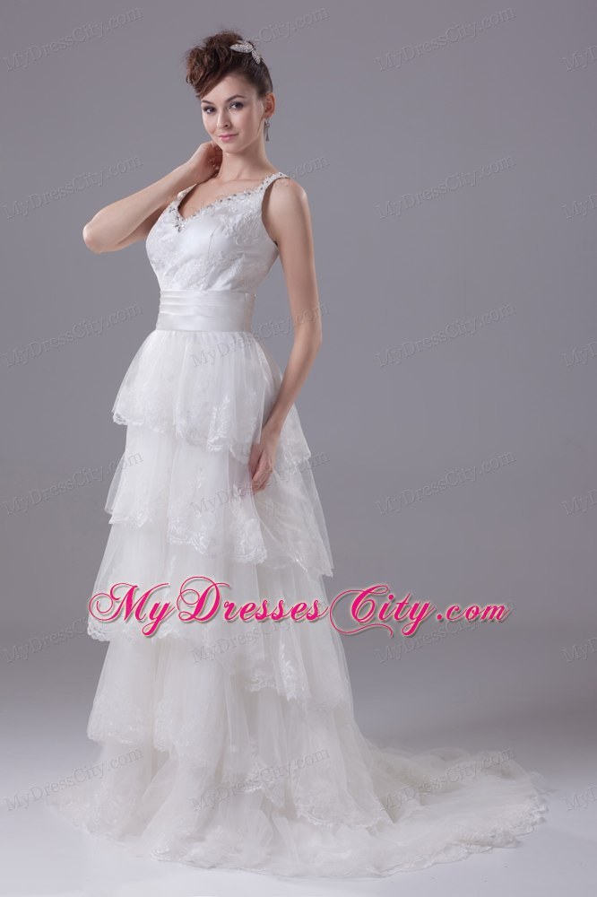 Slinky Lace Brush Train Column Scoop Wedding Dress with Ruffled Layers