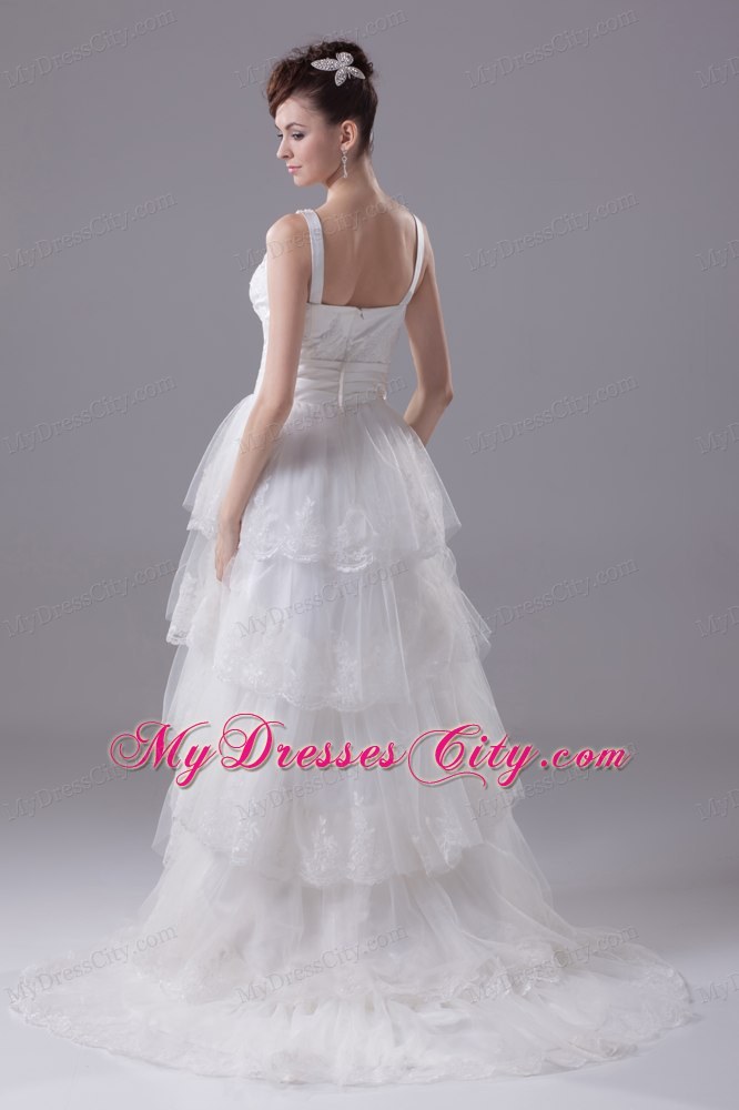 Slinky Lace Brush Train Column Scoop Wedding Dress with Ruffled Layers