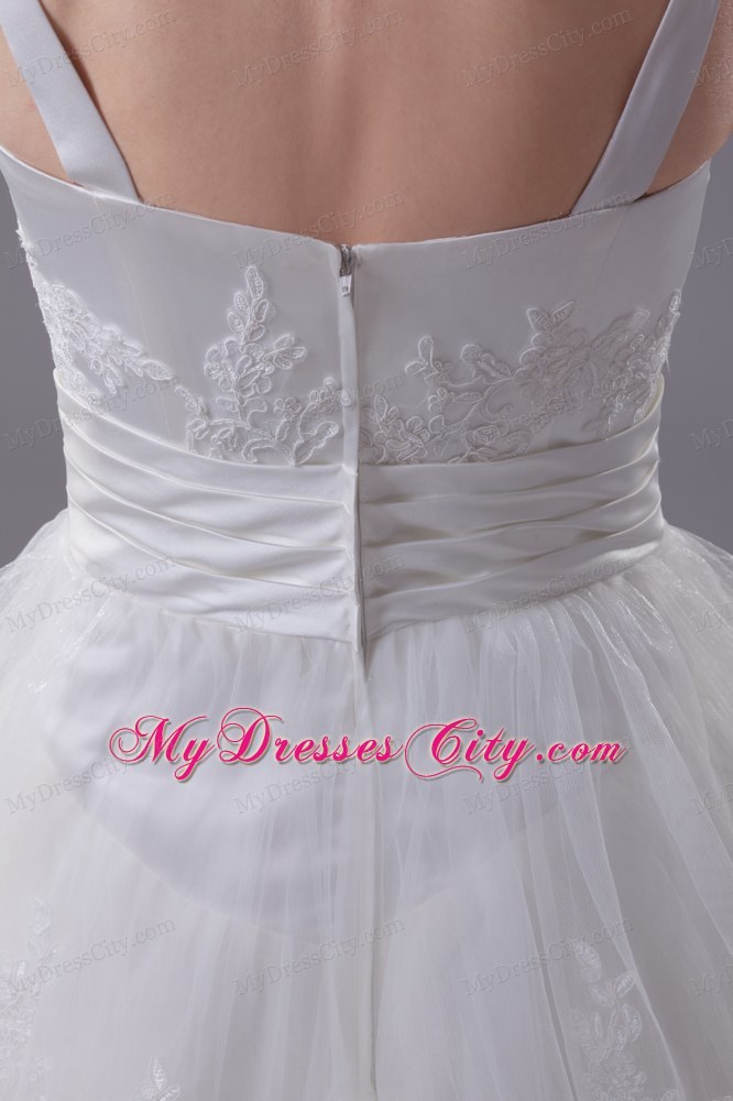 Slinky Lace Brush Train Column Scoop Wedding Dress with Ruffled Layers