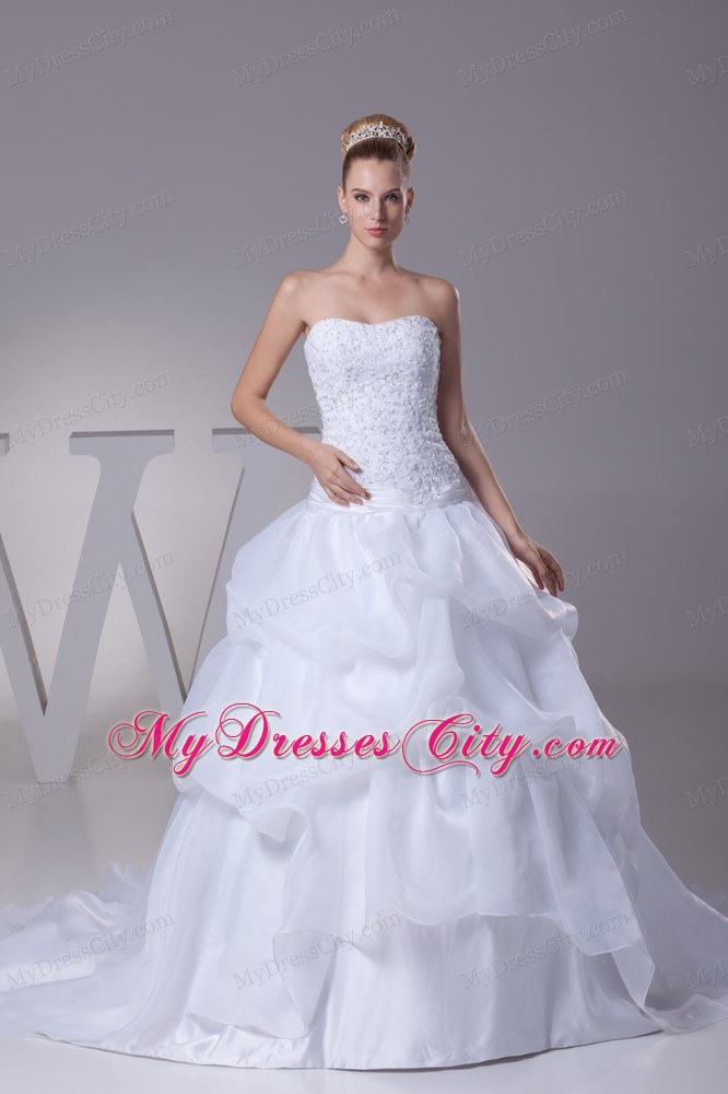 Newest Lace and Pick Up Strapless Court Train A-Line Wedding Dress