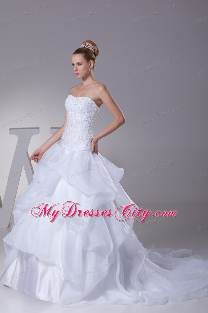 Newest Lace and Pick Up Strapless Court Train A-Line Wedding Dress