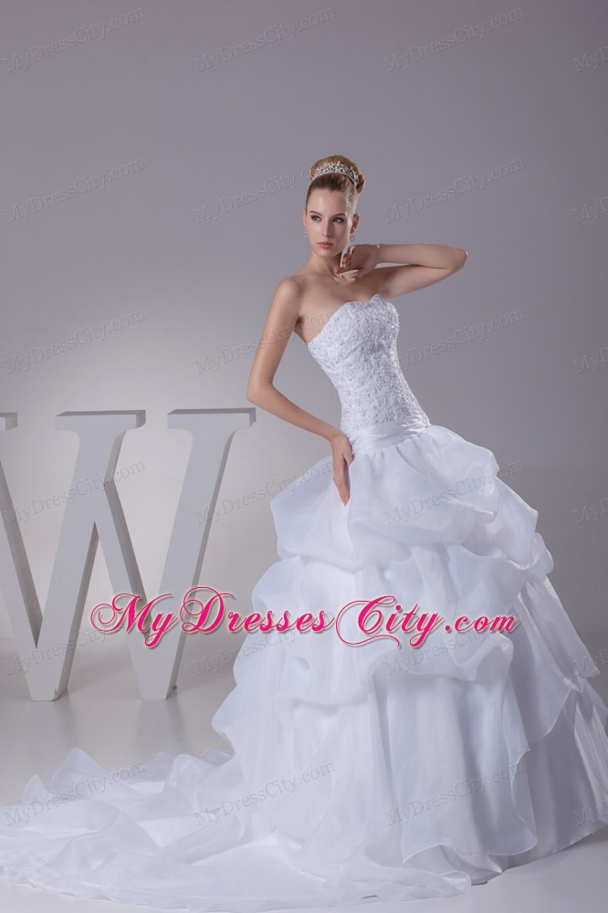 Newest Lace and Pick Up Strapless Court Train A-Line Wedding Dress