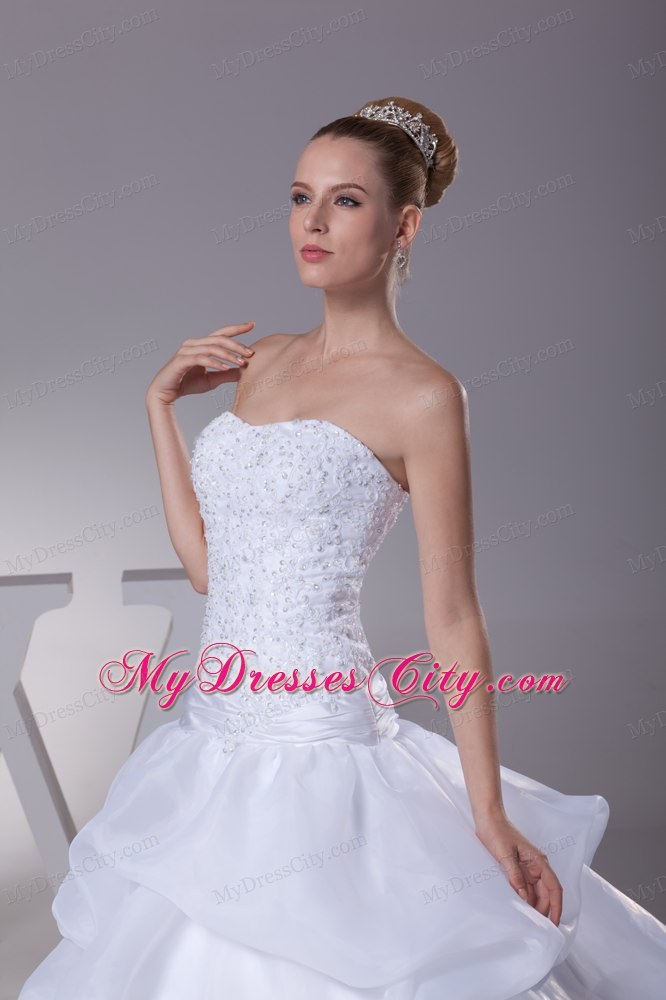 Newest Lace and Pick Up Strapless Court Train A-Line Wedding Dress