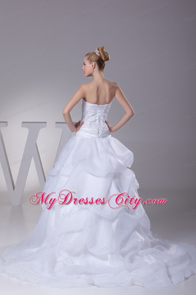 Newest Lace and Pick Up Strapless Court Train A-Line Wedding Dress