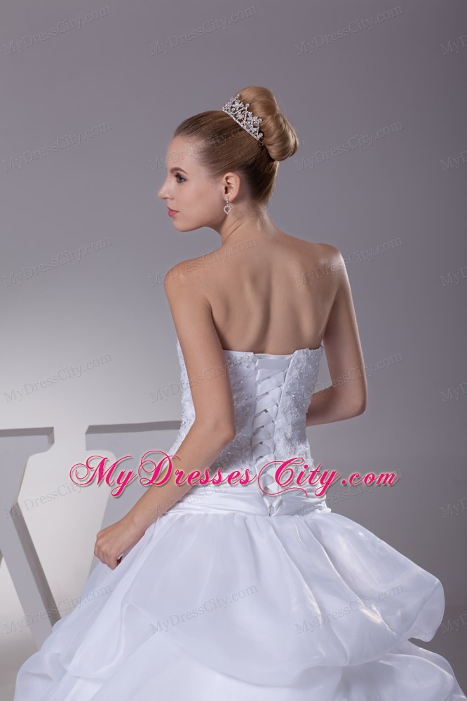 Newest Lace and Pick Up Strapless Court Train A-Line Wedding Dress