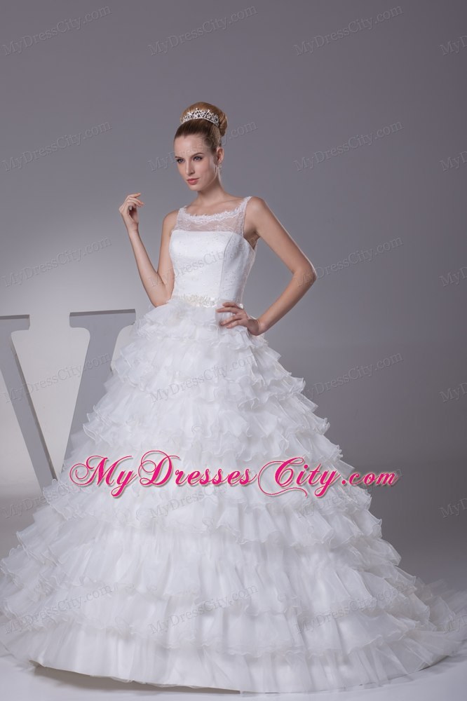 Ruffles and Appliques A-Line Bridal Dress with Sheer Scoop Neckline