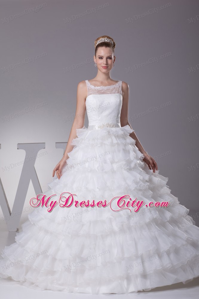 Ruffles and Appliques A-Line Bridal Dress with Sheer Scoop Neckline