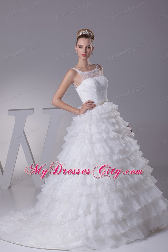 Ruffles and Appliques A-Line Bridal Dress with Sheer Scoop Neckline