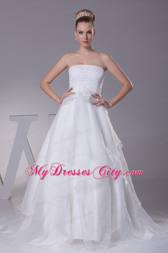 Hot White Strapless Court Train A-Line Beaded Wedding Dress Zipper Back