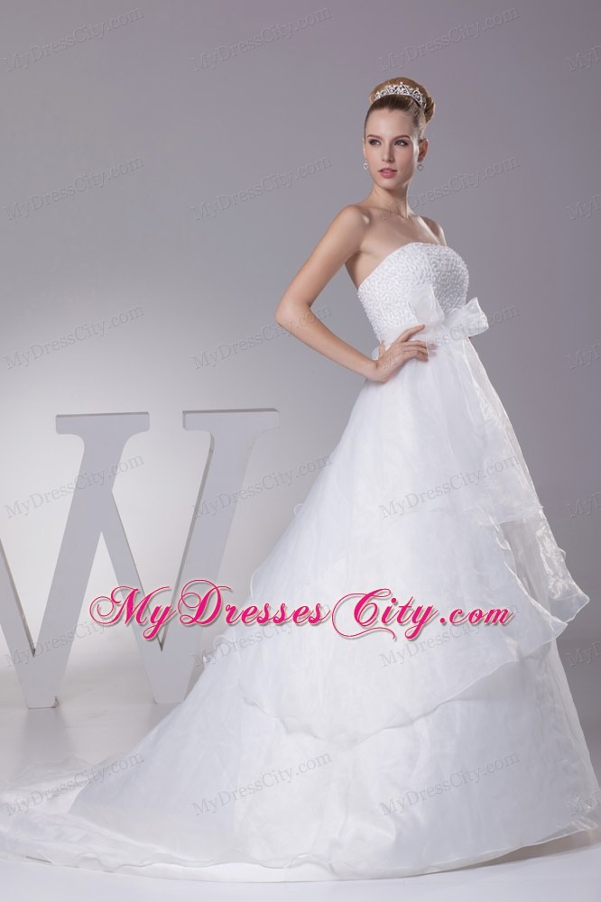 Hot White Strapless Court Train A-Line Beaded Wedding Dress Zipper Back