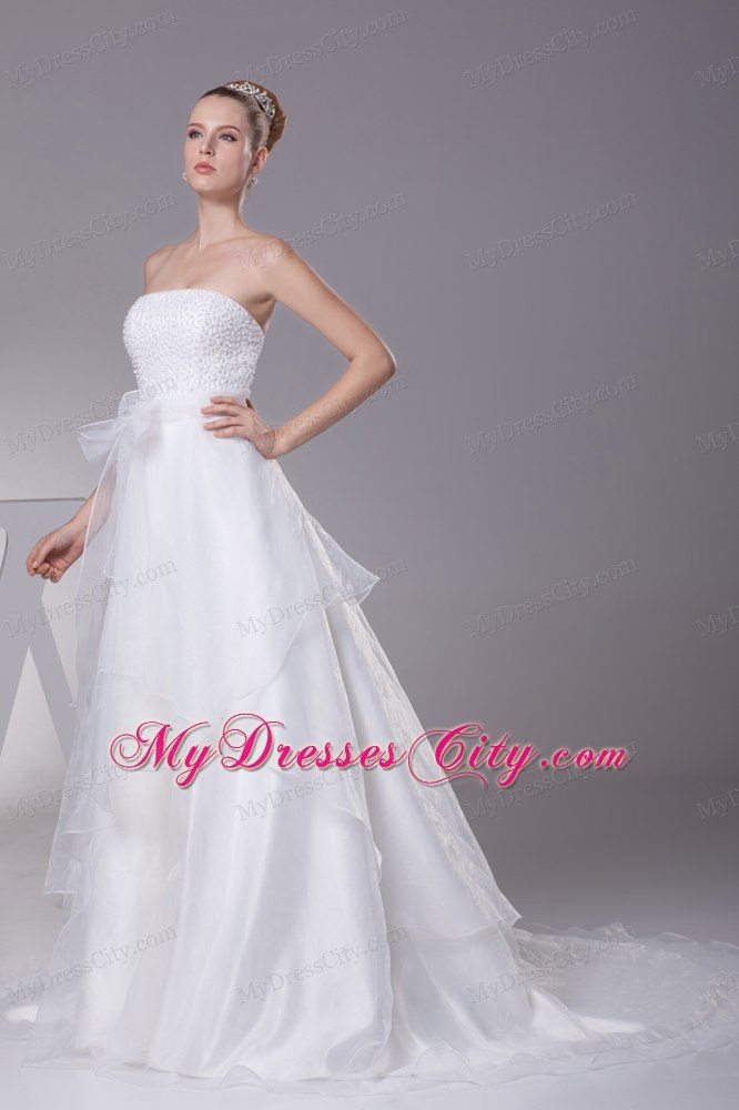 Hot White Strapless Court Train A-Line Beaded Wedding Dress Zipper Back