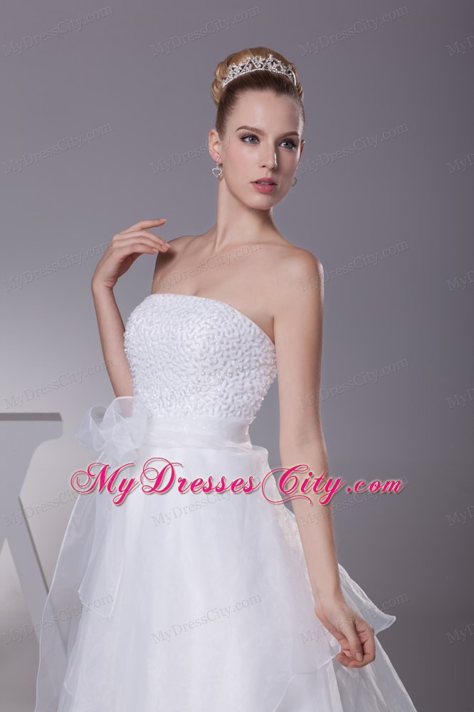 Hot White Strapless Court Train A-Line Beaded Wedding Dress Zipper Back