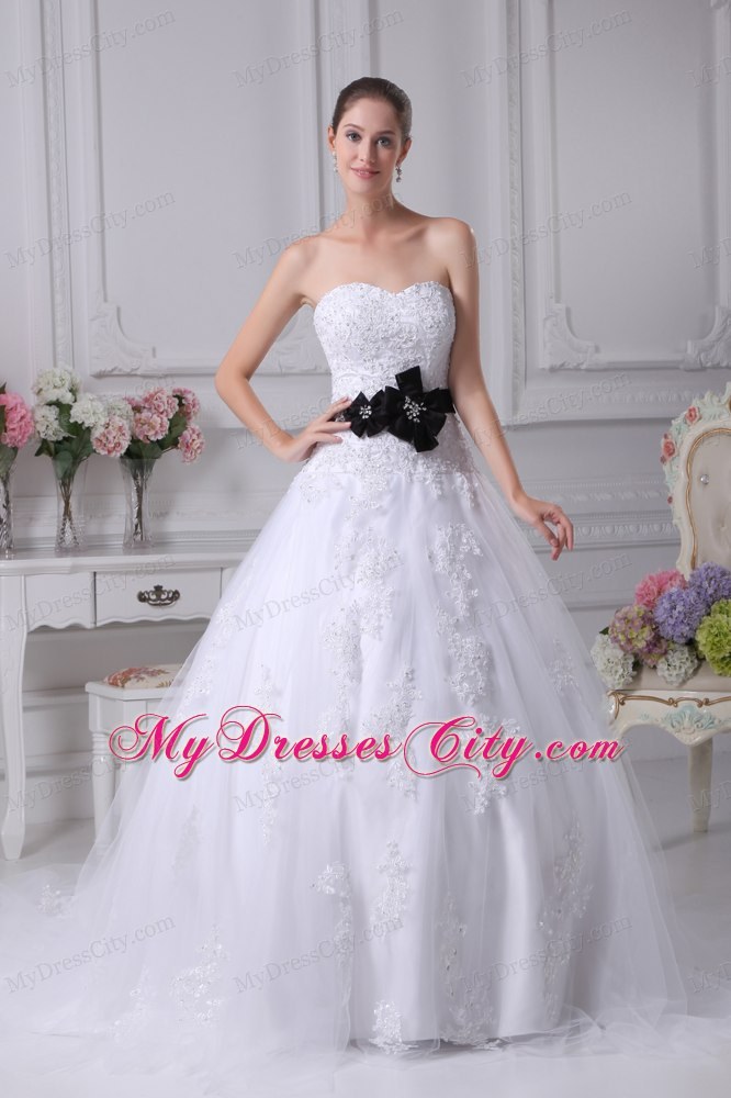 Appliqued Sweetheart Court Train A-Line Wedding Gowns with Black Sash