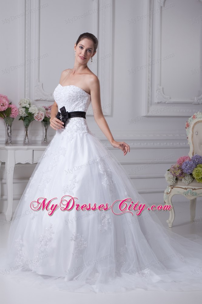 Appliqued Sweetheart Court Train A-Line Wedding Gowns with Black Sash