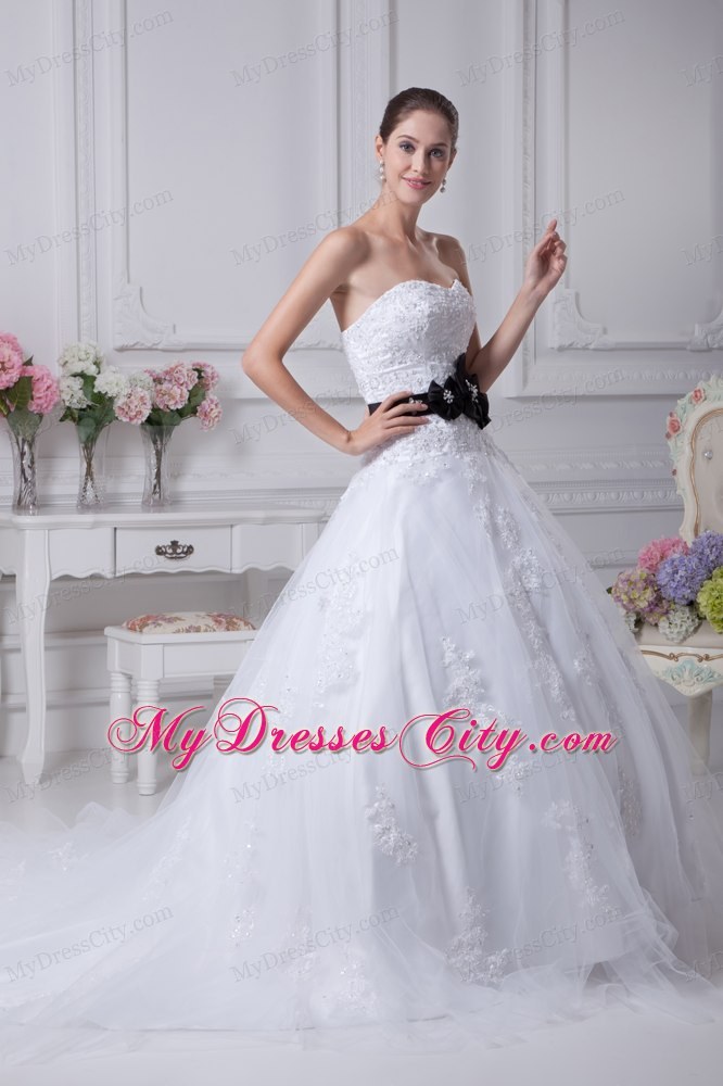 Appliqued Sweetheart Court Train A-Line Wedding Gowns with Black Sash