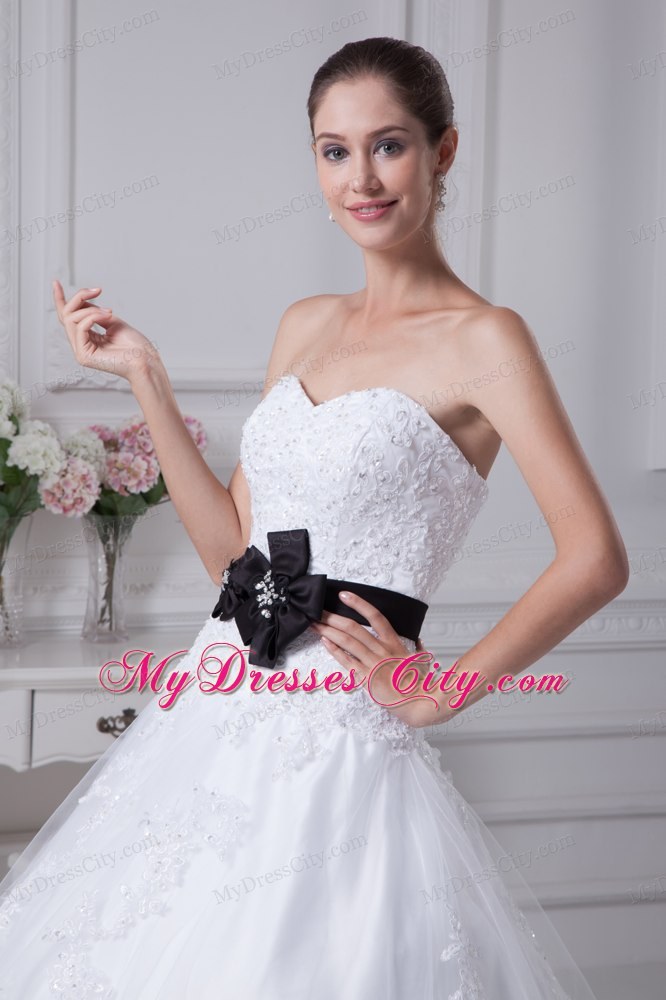 Appliqued Sweetheart Court Train A-Line Wedding Gowns with Black Sash