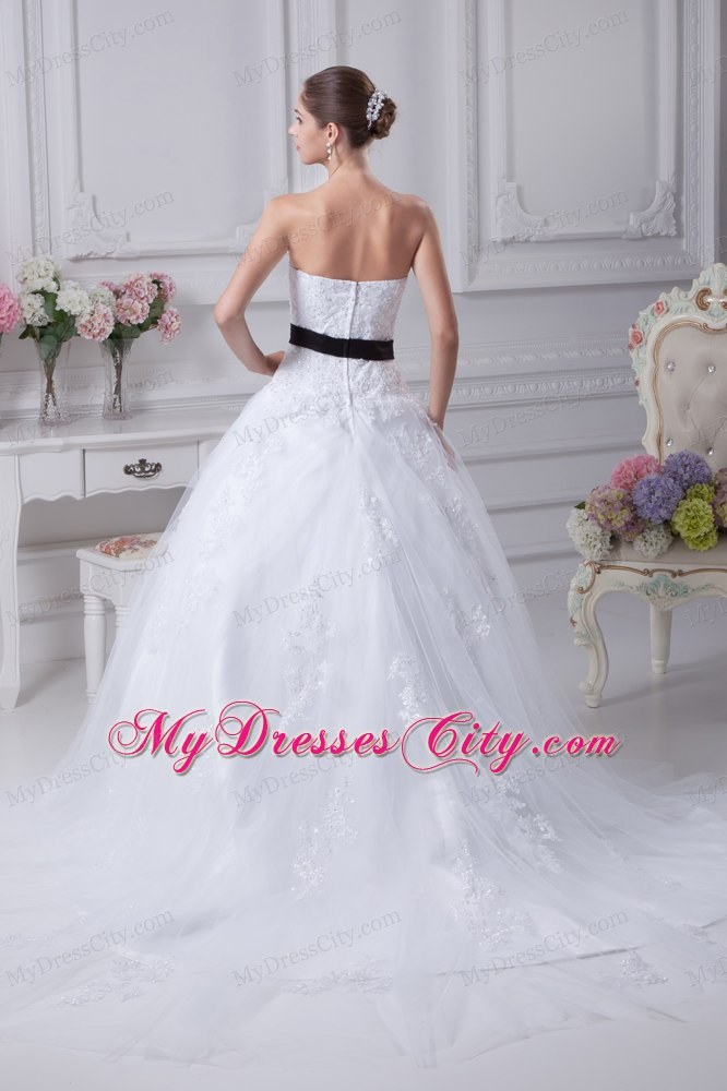 Appliqued Sweetheart Court Train A-Line Wedding Gowns with Black Sash