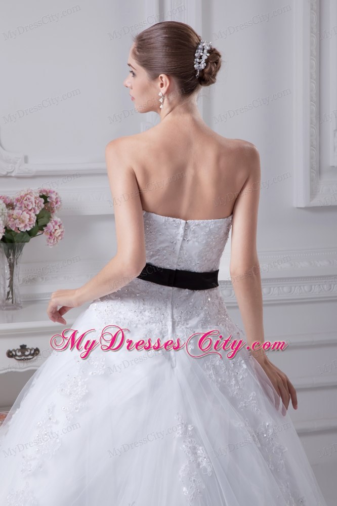 Appliqued Sweetheart Court Train A-Line Wedding Gowns with Black Sash