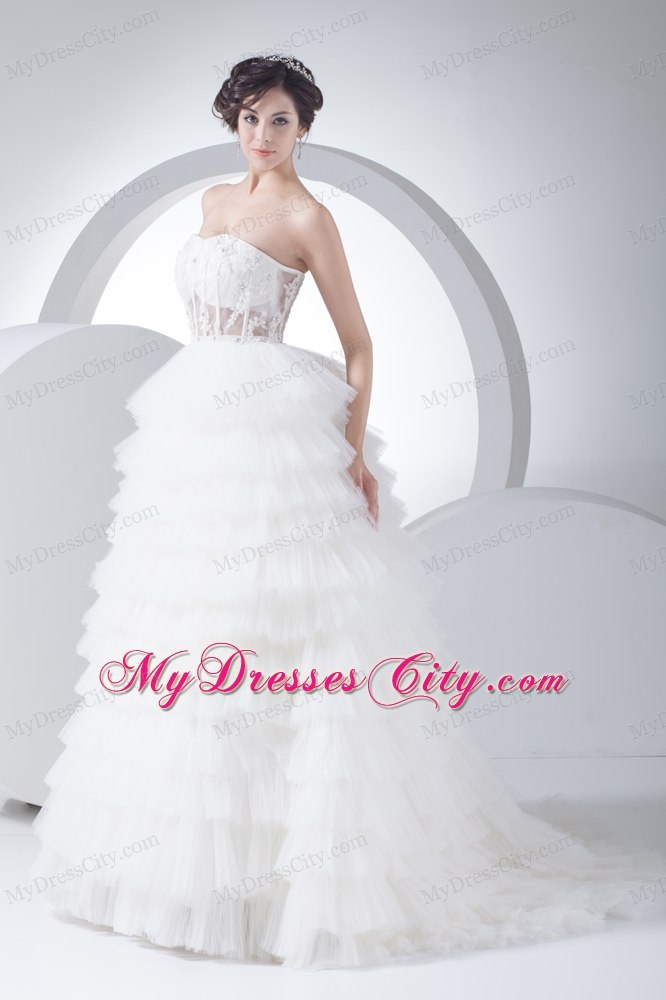 Strapless Court Train Ruffled 2013 A-Line Wedding Dress with Sheer Waist