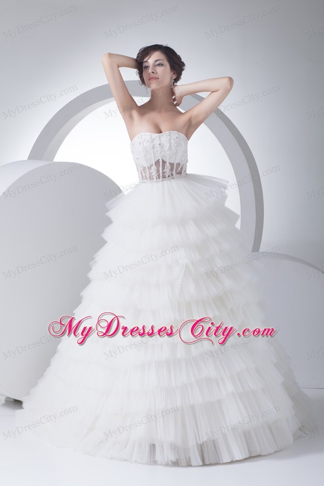 Strapless Court Train Ruffled 2013 A-Line Wedding Dress with Sheer Waist