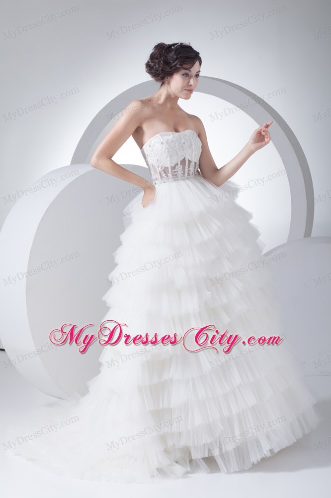 Strapless Court Train Ruffled 2013 A-Line Wedding Dress with Sheer Waist