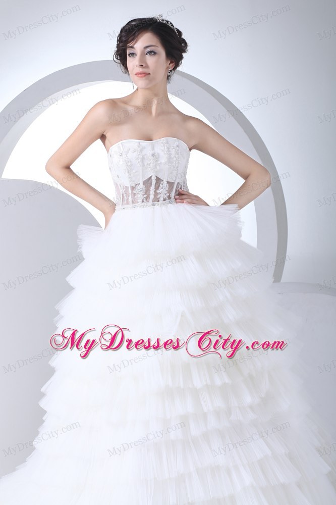 Strapless Court Train Ruffled 2013 A-Line Wedding Dress with Sheer Waist