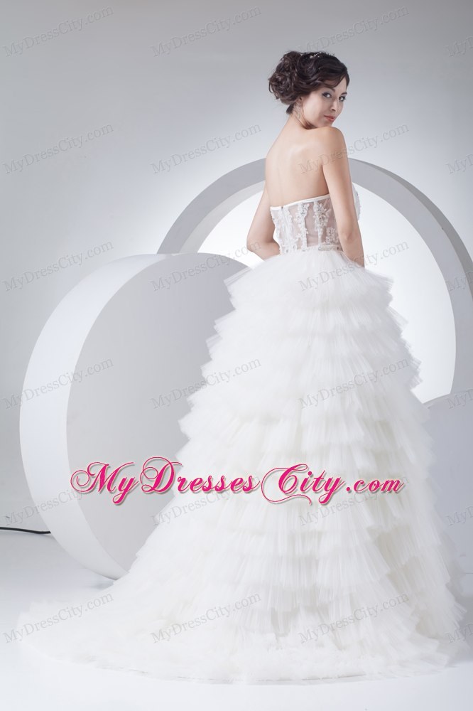 Strapless Court Train Ruffled 2013 A-Line Wedding Dress with Sheer Waist