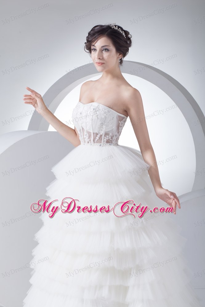 Strapless Court Train Ruffled 2013 A-Line Wedding Dress with Sheer Waist