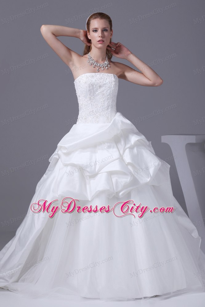 White Strapless Appliques and Beading Pick-ups Wedding Dress for Wedding