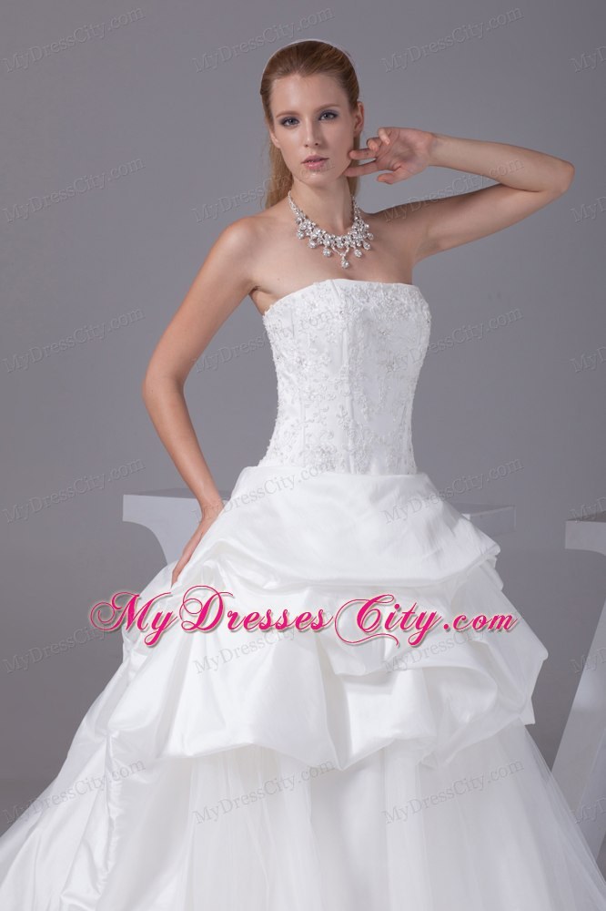 White Strapless Appliques and Beading Pick-ups Wedding Dress for Wedding