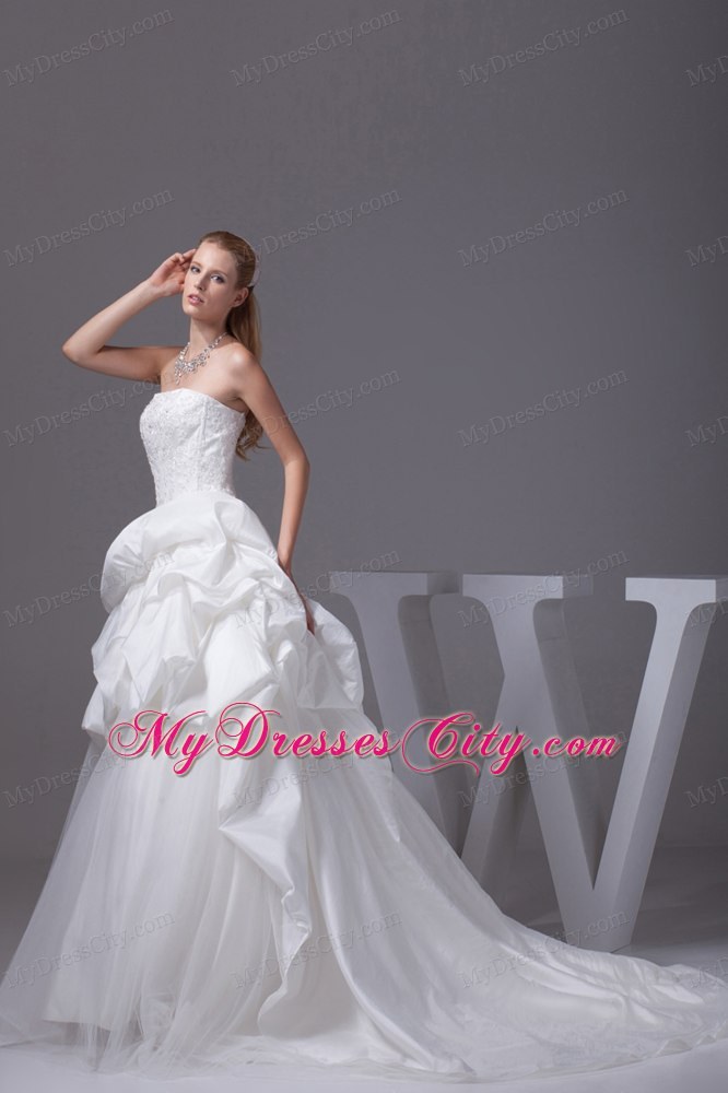 White Strapless Appliques and Beading Pick-ups Wedding Dress for Wedding