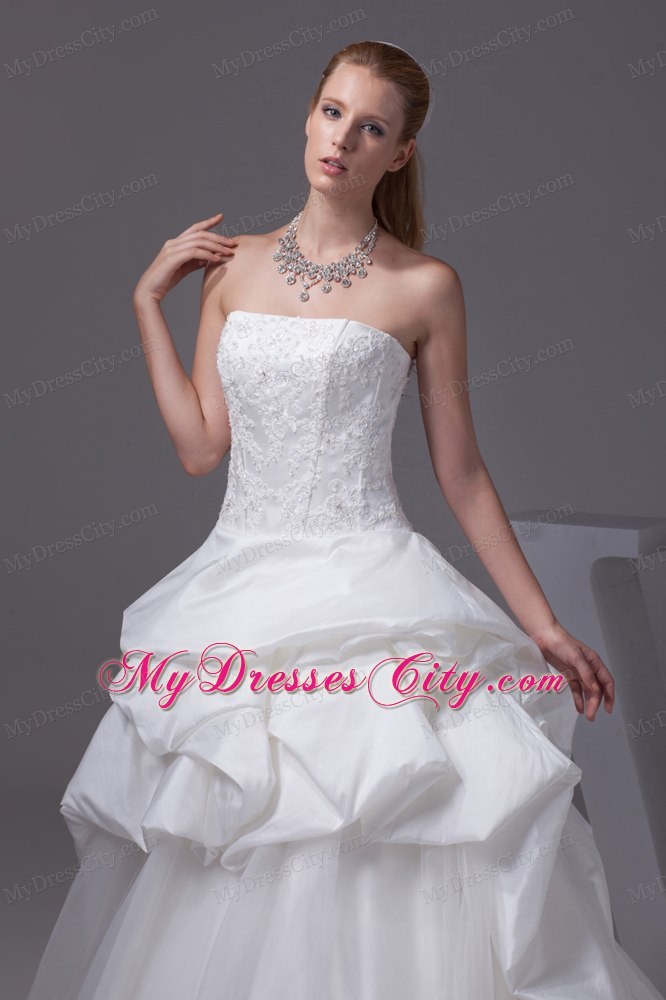 White Strapless Appliques and Beading Pick-ups Wedding Dress for Wedding