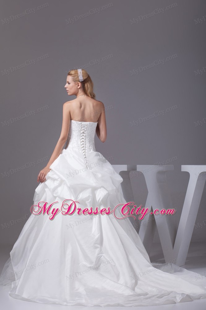 White Strapless Appliques and Beading Pick-ups Wedding Dress for Wedding