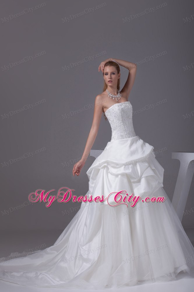 White Strapless Appliques and Beading Pick-ups Wedding Dress for Wedding