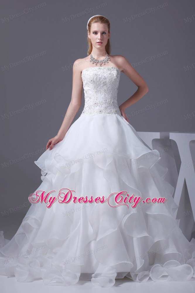 Best seller Strapless Appliques and Beading Ruffled A-line Wedding Gown