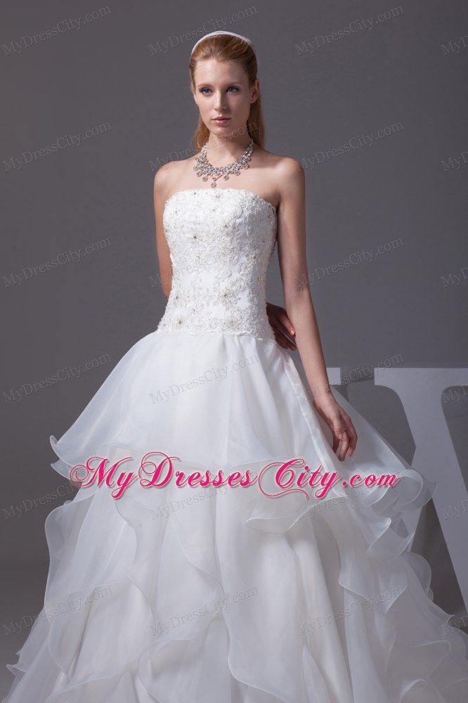 Best seller Strapless Appliques and Beading Ruffled A-line Wedding Gown