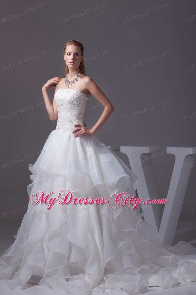 Best seller Strapless Appliques and Beading Ruffled A-line Wedding Gown